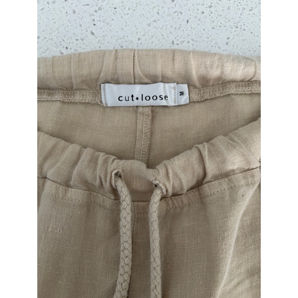 Cut Loose Pants Womens Medium Tan Wide Leg Cargo Pocket Linen Lagenlook Earthy - Picture 3 of 4